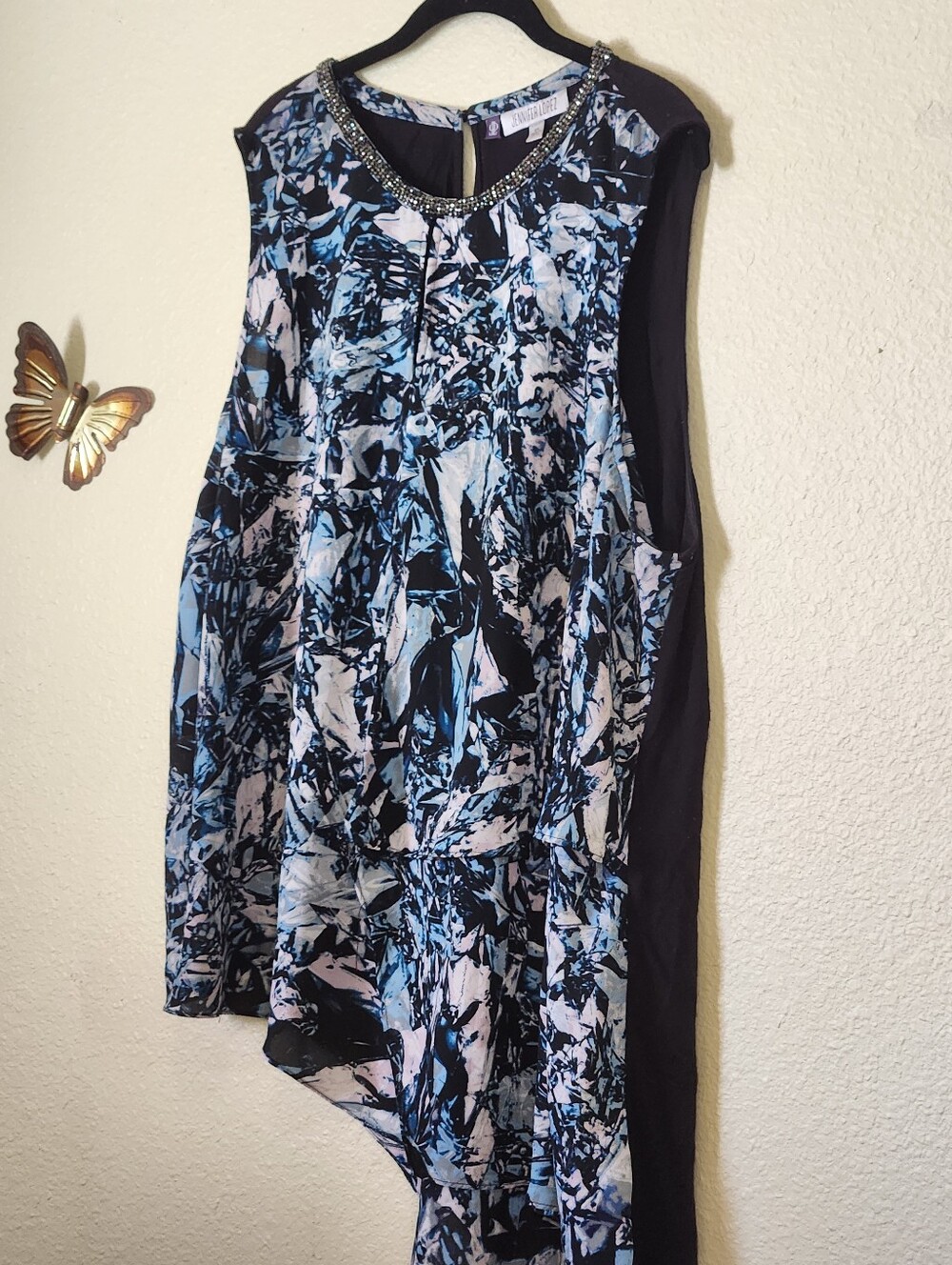 Jennifer Lopez Blue and Black Abstract Print Asymmetrical Top